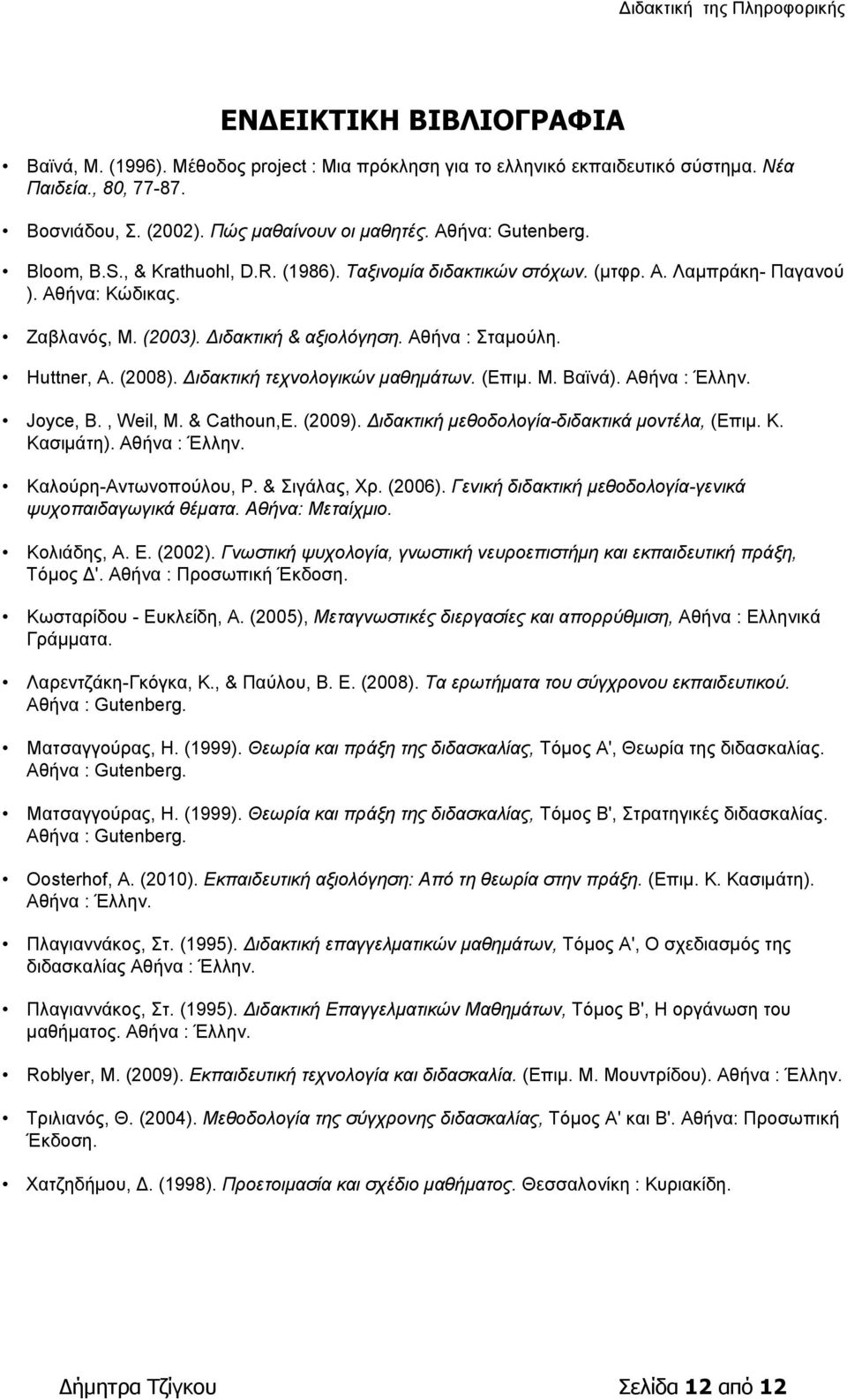 Huttner, A. (2008). Διδακτική τεχνολογικών μαθημάτων. (Επιμ. Μ. Βαϊνά). Αθήνα : Έλλην. Joyce, B., Weil, M. & Cathoun,E. (2009). Διδακτική μεθοδολογία-διδακτικά μοντέλα, (Επιμ. Κ. Κασιμάτη).