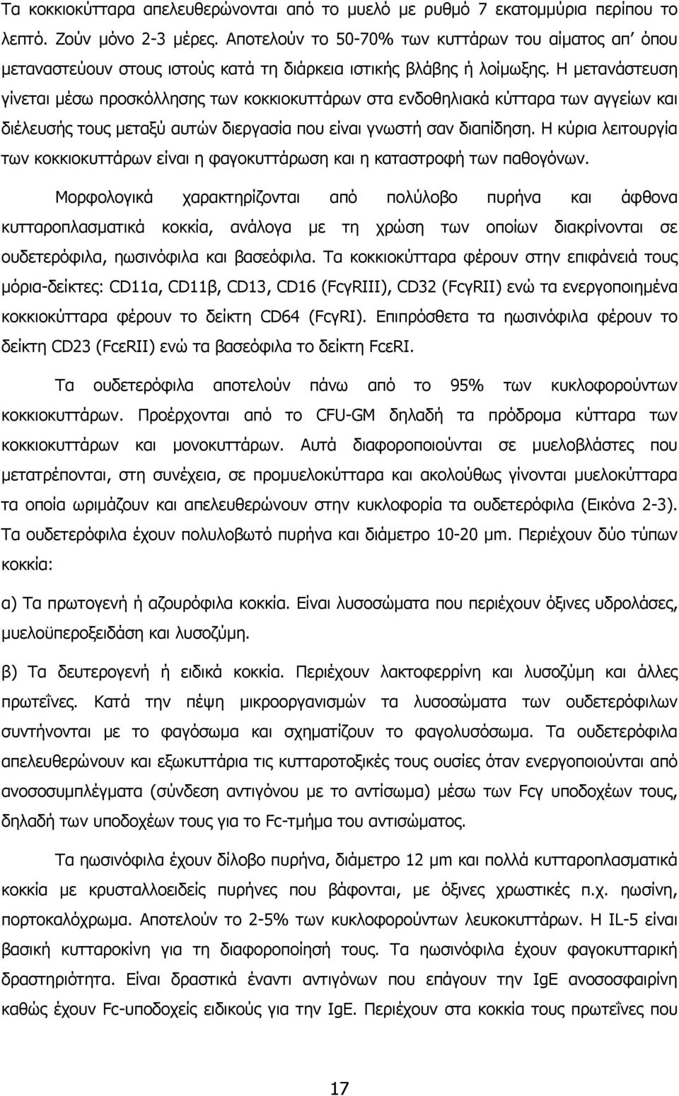 Η μετανάστευση γίνεται μέσω προσκόλλησης των κοκκιοκυττάρων στα ενδοθηλιακά κύτταρα των αγγείων και διέλευσής τους μεταξύ αυτών διεργασία που είναι γνωστή σαν διαπίδηση.