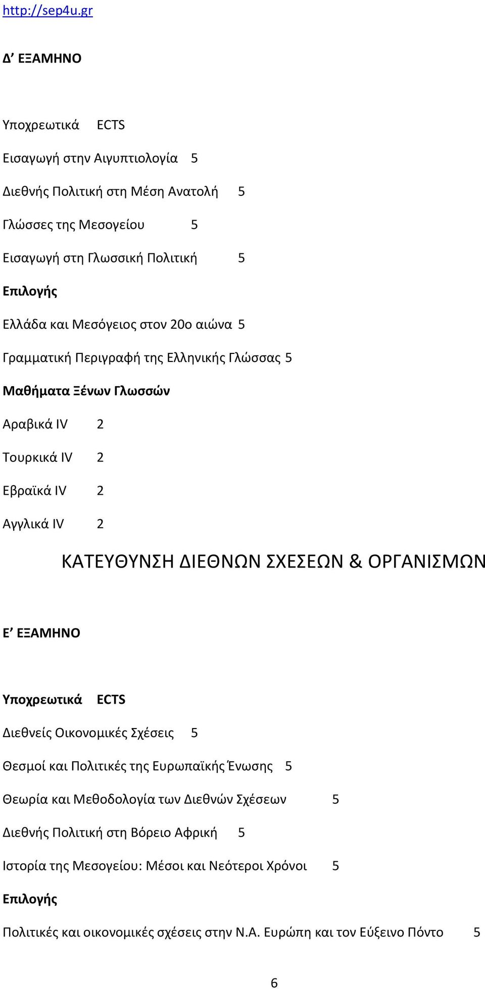 ΣΧΕΣΕΩΝ & ΟΡΓΑΝΙΣΜΩΝ Ε ΕΞΑΜΗΝΟ Διεθνείς Οικονομικές Σχέσεις 5 Θεσμοί και Πολιτικές της Ευρωπαϊκής Ένωσης 5 Θεωρία και Μεθοδολογία των Διεθνών Σχέσεων