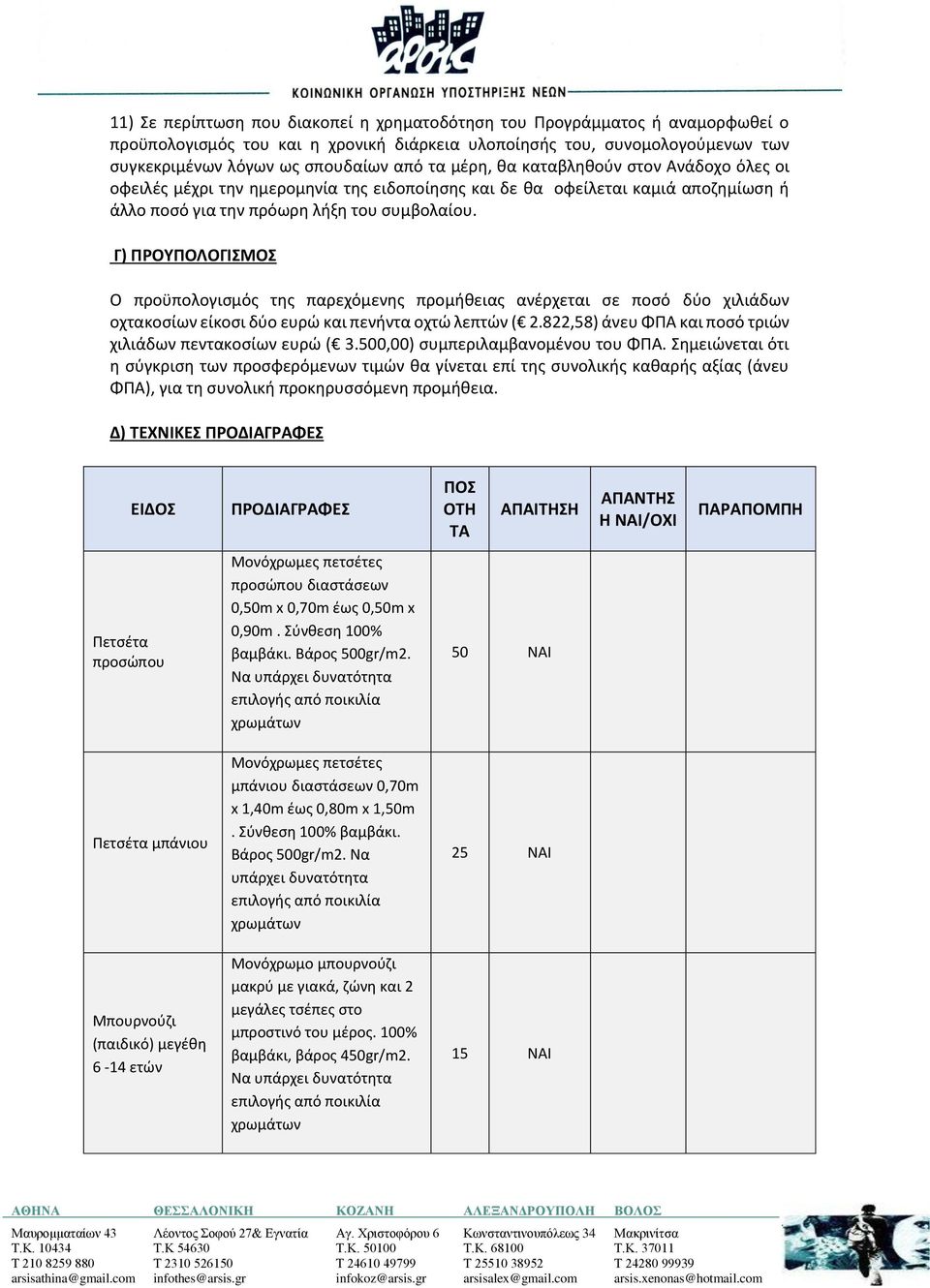 Γ) ΠΡΟΥΠΟΛΟΓΙΣΜΟΣ Ο προϋπολογισμός της παρεχόμενης προμήθειας ανέρχεται σε ποσό δύο χιλιάδων οχτακοσίων είκοσι δύο ευρώ και πενήντα οχτώ λεπτών ( 2.