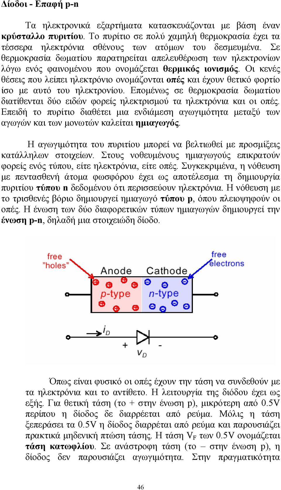 Οι κενές θέσεις που λείπει ηλεκτρόνιο ονοµάζονται οπές και έχουν θετικό φορτίο ίσο µε αυτό του ηλεκτρονίου.