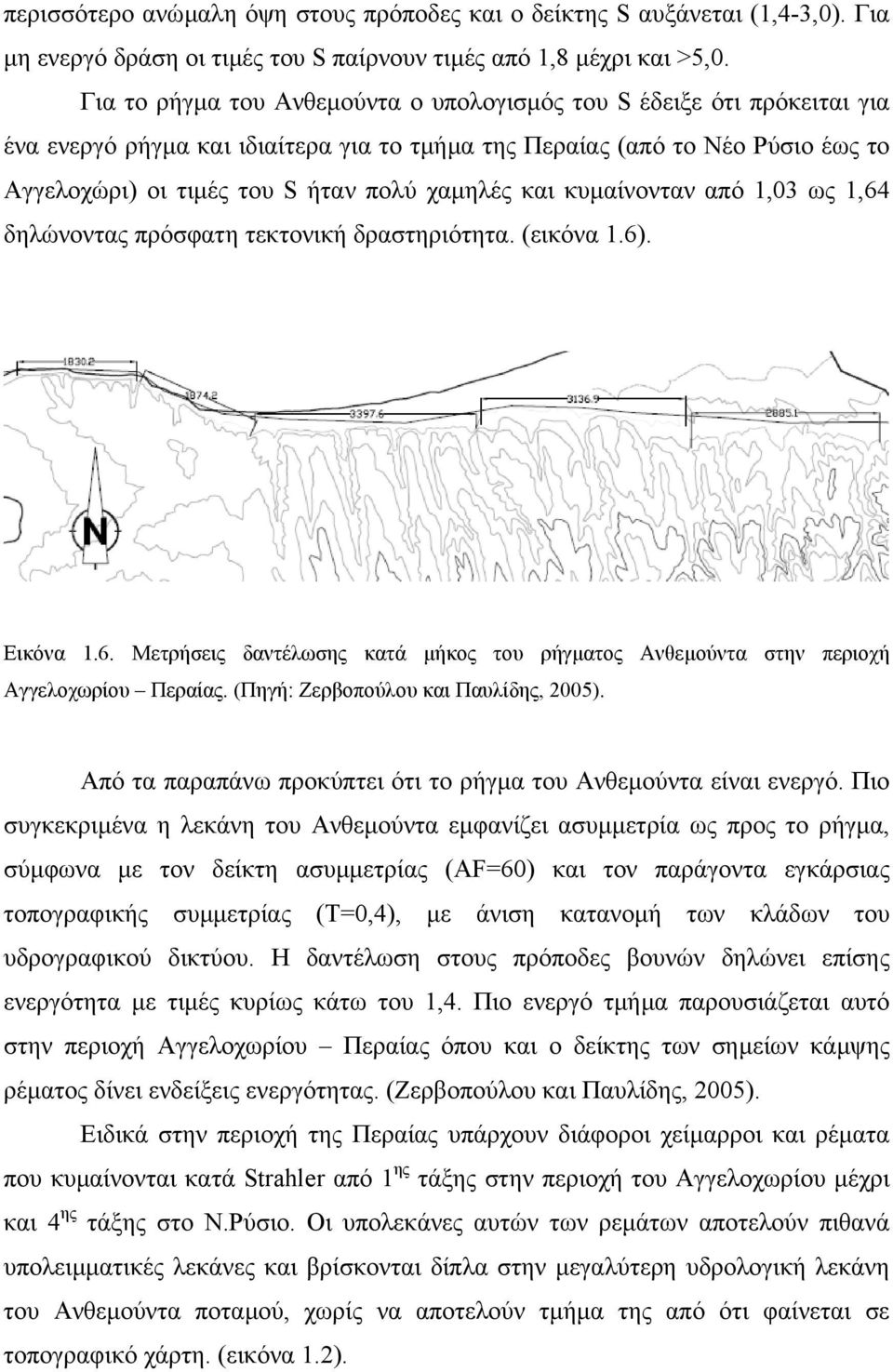 και κυµαίνονταν από 1,03 ως 1,64 δηλώνοντας πρόσφατη τεκτονική δραστηριότητα. (εικόνα 1.6). Εικόνα 1.6. Μετρήσεις δαντέλωσης κατά µήκος του ρήγµατος Ανθεµούντα στην περιοχή Αγγελοχωρίου Περαίας.