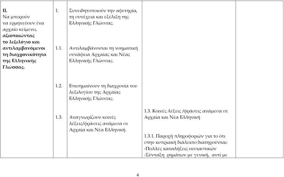 Επισημαίνουν τη διαχρονία του λεξιλογίου της Αρχαίας Ελληνικής Γλώσσας. 1.3. Αναγνωρίζουν κοινές λέξεις/φράσεις ανάμεσα σε Αρχαία και Νέα Ελληνική. 1.3. Κοινές λέξεις /φράσεις ανάμεσα σε Αρχαία και Νέα Ελληνική 1.