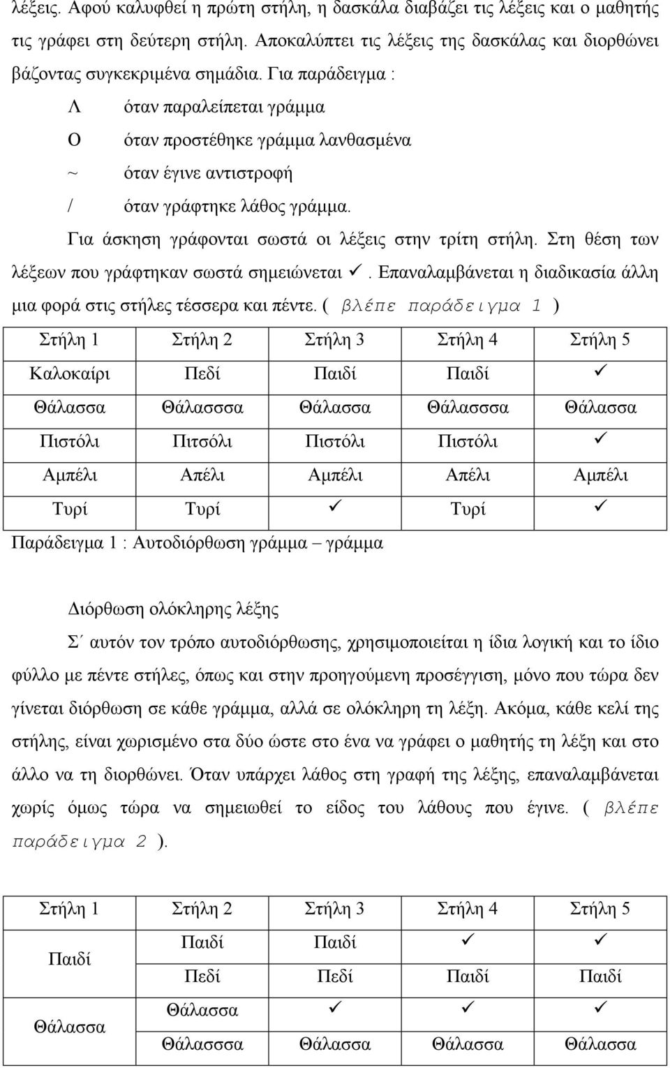 Στη θέση των λέξεων που γράφτηκαν σωστά σημειώνεται!. Επαναλαμβάνεται η διαδικασία άλλη μια φορά στις στήλες τέσσερα και πέντε.