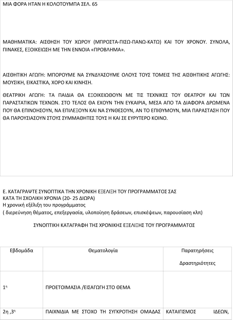 ΘΕΑΤΡΙΚΗ ΑΓΩΓΗ: ΤΑ ΠΑΙΔΙΑ ΘΑ ΕΞΟΙΚΕΙΩΘΟΥΝ ΜΕ ΤΙΣ ΤΕΧΝΙΚΕΣ ΤΟΥ ΘΕΑΤΡΟΥ ΚΑΙ ΤΩΝ ΠΑΡΑΣΤΑΤΙΚΩΝ ΤΕΧΝΩΝ.