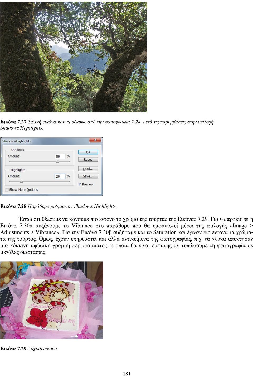 30α αυξάνουμε το Vibrance στο παράθυρο που θα εμφανιστεί μέσω της επιλογής «Image > Adjustments > Vibrance». Για την Εικόνα 7.