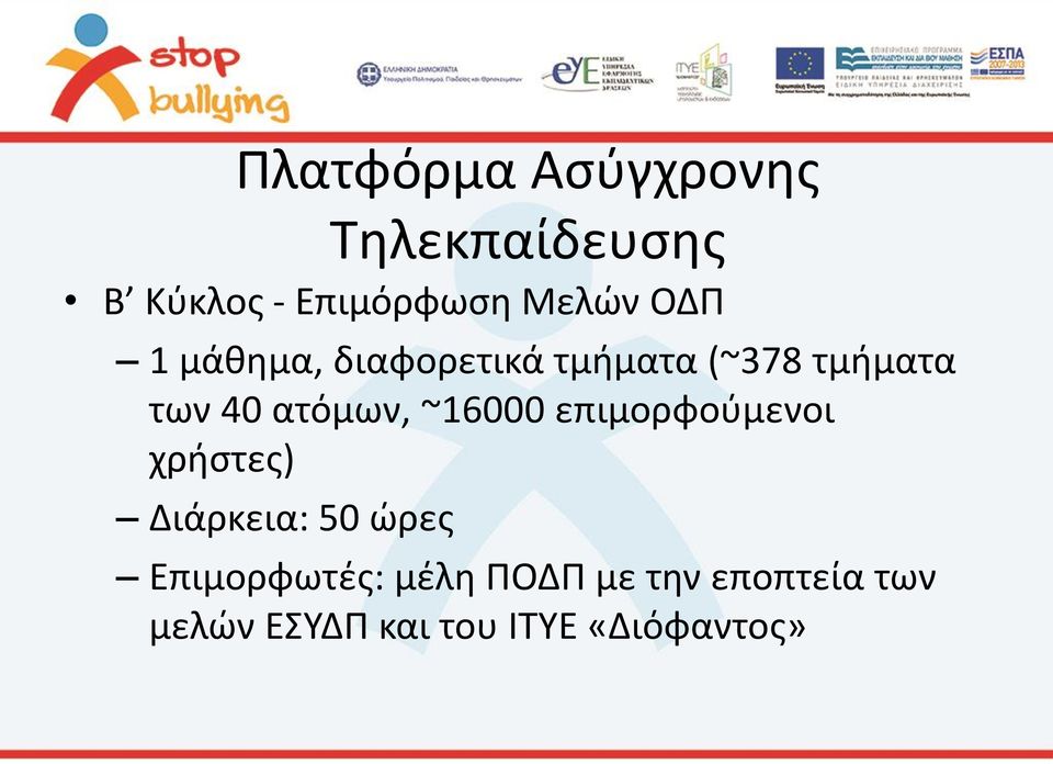 ~16000 επιμορφούμενοι χρήστες) Διάρκεια: 50 ώρες Επιμορφωτές: