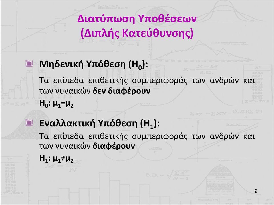 διαφέρουν Η 0 : μ 1 =μ 2 Εναλλακτική Υπόθεση (Η 1 ): Τα επίπεδα