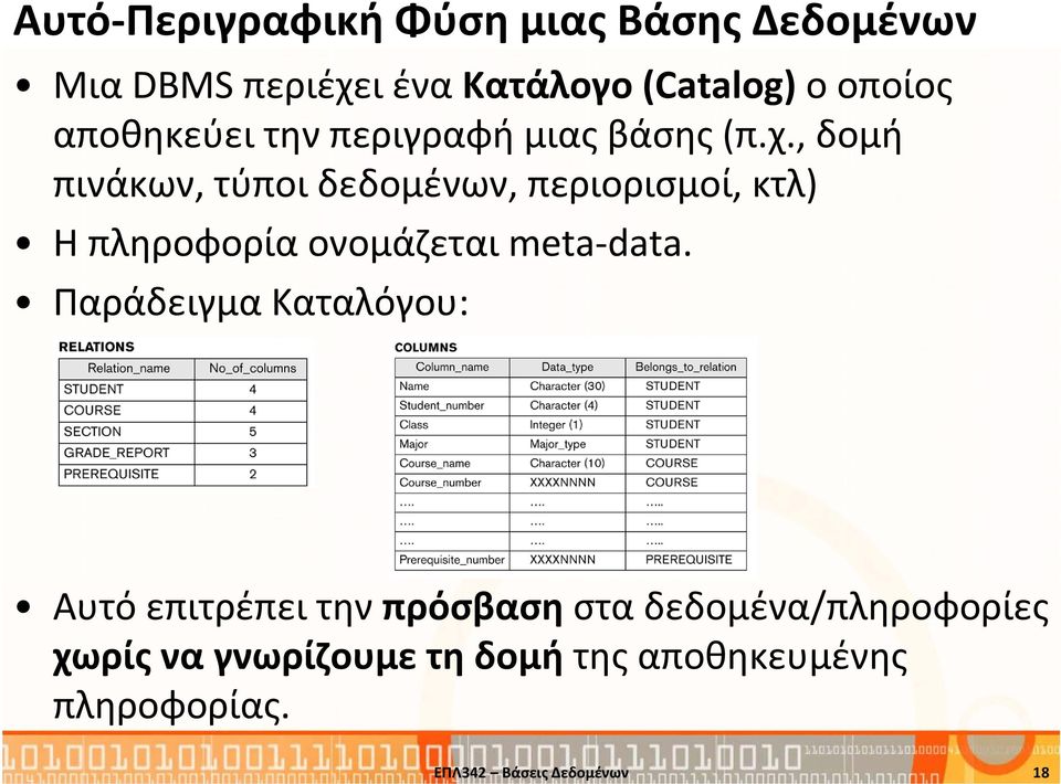 , δομή πινάκων, τύποι δεδομένων, περιορισμοί, κτλ) Η πληροφορία ονομάζεται meta data.