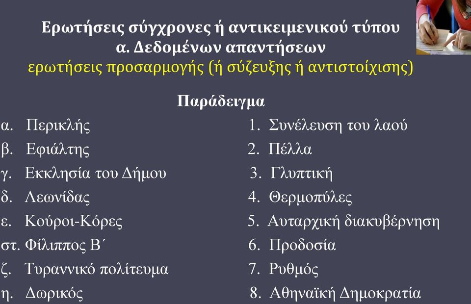 Περικλής 1. Συνέλευση του λαού β. Εφιάλτης 2. Πέλλα γ. Εκκλησία του Δήμου 3. Γλυπτική δ.