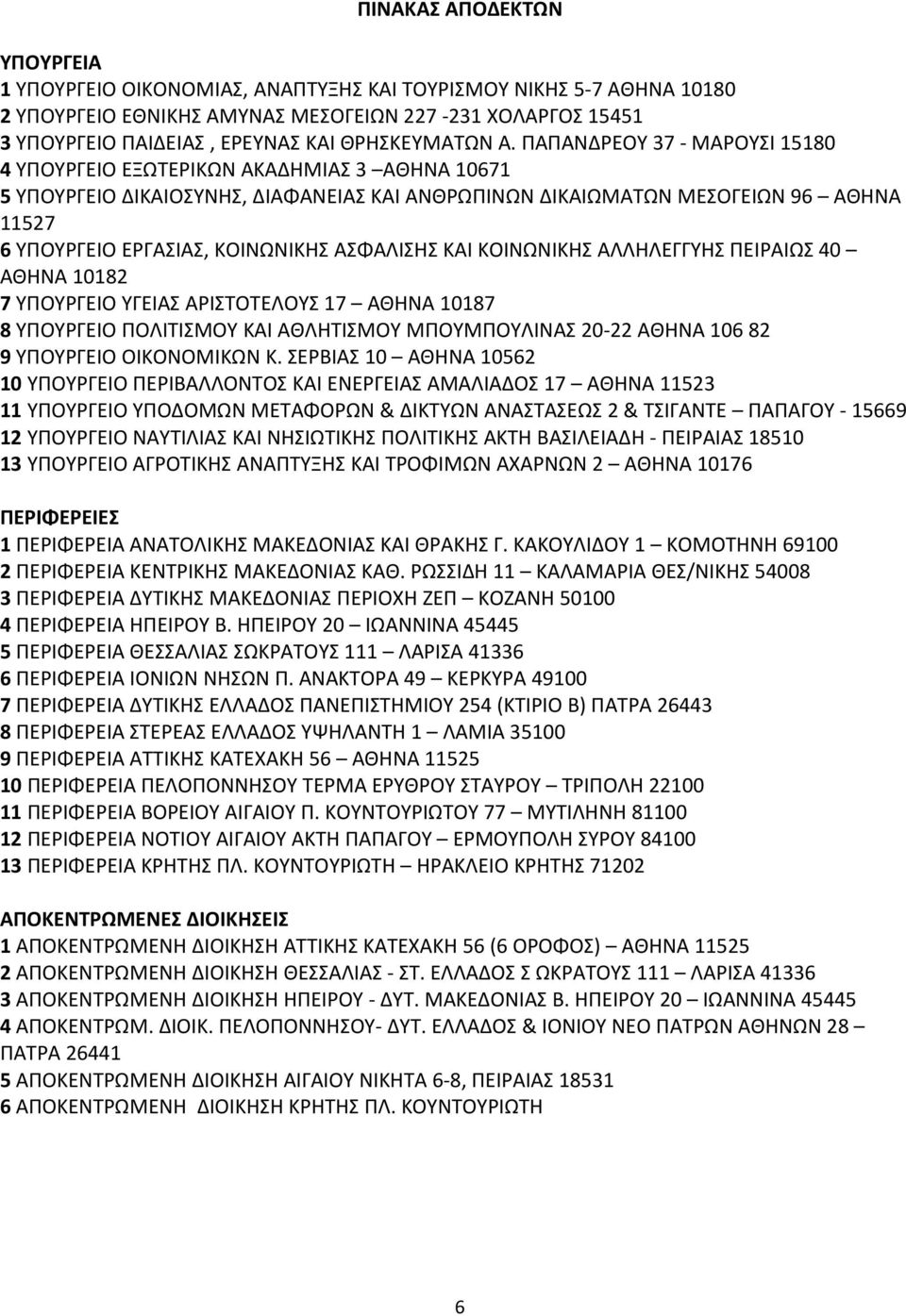 ΠΑΠΑΝΔΡΕΟΥ 37 - ΜΑΡΟΥΣΙ 15180 4 ΥΠΟΥΡΓΕΙΟ ΕΞΩΤΕΡΙΚΩΝ ΑΚΑΔΗΜΙΑΣ 3 ΑΘΗΝΑ 10671 5 ΥΠΟΥΡΓΕΙΟ ΔΙΚΑΙΟΣΥΝΗΣ, ΔΙΑΦΑΝΕΙΑΣ ΚΑΙ ΑΝΘΡΩΠΙΝΩΝ ΔΙΚΑΙΩΜΑΤΩΝ ΜΕΣΟΓΕΙΩΝ 96 ΑΘΗΝΑ 11527 6 ΥΠΟΥΡΓΕΙΟ ΕΡΓΑΣΙΑΣ, ΚΟΙΝΩΝΙΚΗΣ