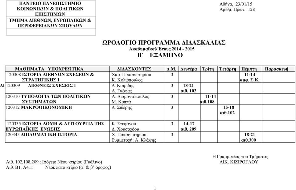 Καιρίδης Α. Γκόφας 3 18-21 αιθ. 102 120310 ΤΥΠΟΛΟΓΙΑ ΤΩΝ ΠΟΛΙΤΙΚΩΝ ΣΥΣΤΗΜΑΤΩΝ Α. Διαμαντόπουλος Μ. Κοππά αιθ.108 120312 ΜΑΚΡΟΟΙΚΟΝΟΜΙΚΗ Δ. Σιδέρης 3 15-18 αιθ.