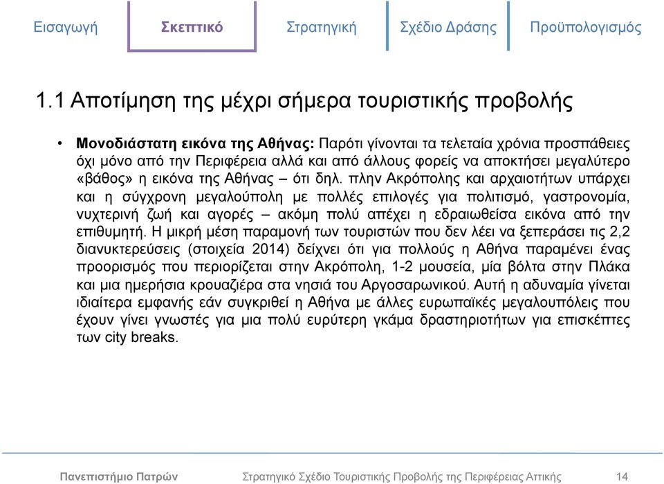 πλην Ακρόπολης και αρχαιοτήτων υπάρχει και η σύγχρονη µεγαλούπολη µε πολλές επιλογές για πολιτισµό, γαστρονοµία, νυχτερινή ζωή και αγορές ακόµη πολύ απέχει η εδραιωθείσα εικόνα από την επιθυµητή.