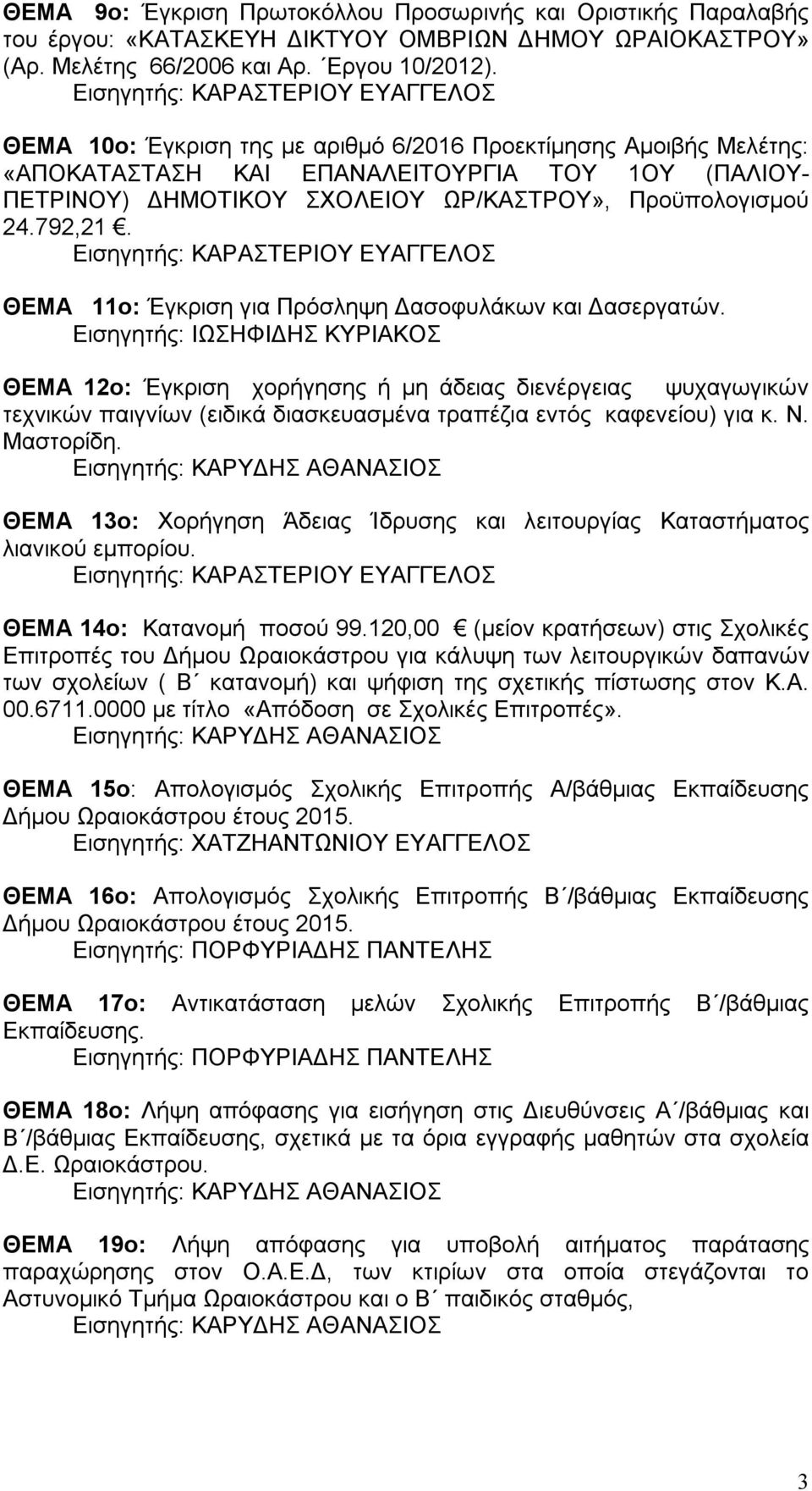 ΘΕΜΑ 11o: Έγκριση για Πρόσληψη Δασοφυλάκων και Δασεργατών.