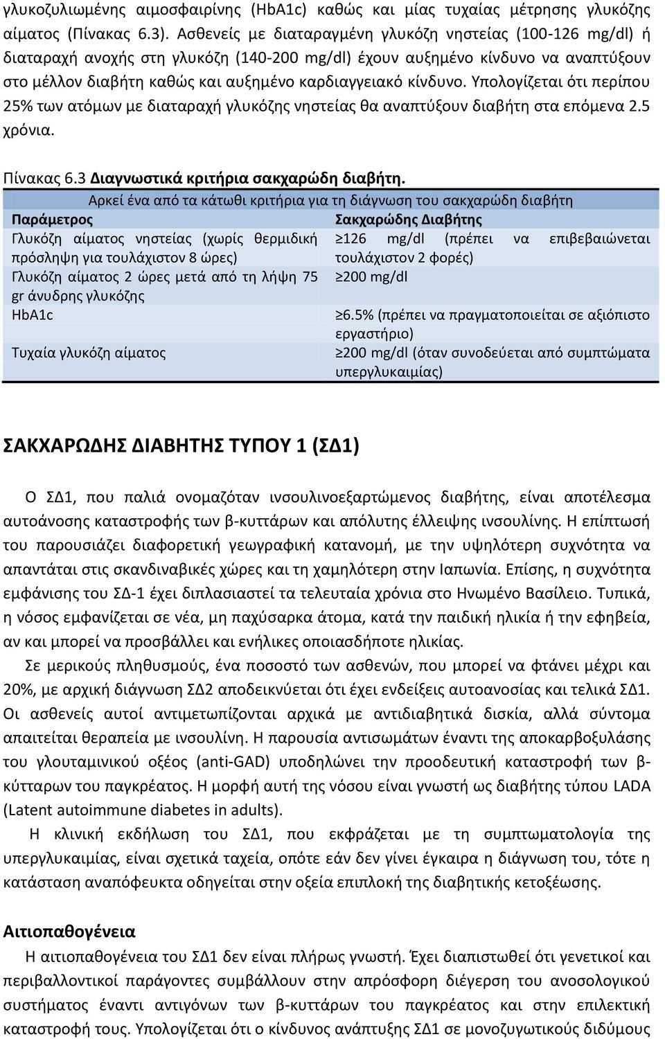 κίνδυνο. Υπολογίζεται ότι περίπου 25% των ατόμων με διαταραχή γλυκόζης νηστείας θα αναπτύξουν διαβήτη στα επόμενα 2.5 χρόνια. Πίνακας 6.3 Διαγνωστικά κριτήρια σακχαρώδη διαβήτη.