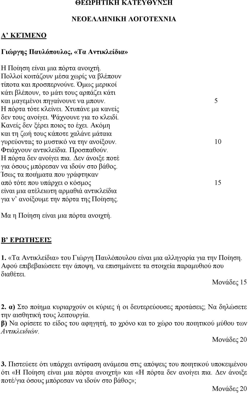 Κανείς δεν ξέρει ποιος το έχει. Ακόμη και τη ζωή τους κάποτε χαλάνε μάταια γυρεύοντας το μυστικό να την ανοίξουν. 10 Φτιάχνουν αντικλείδια. Προσπαθούν. Η πόρτα δεν ανοίγει πια.