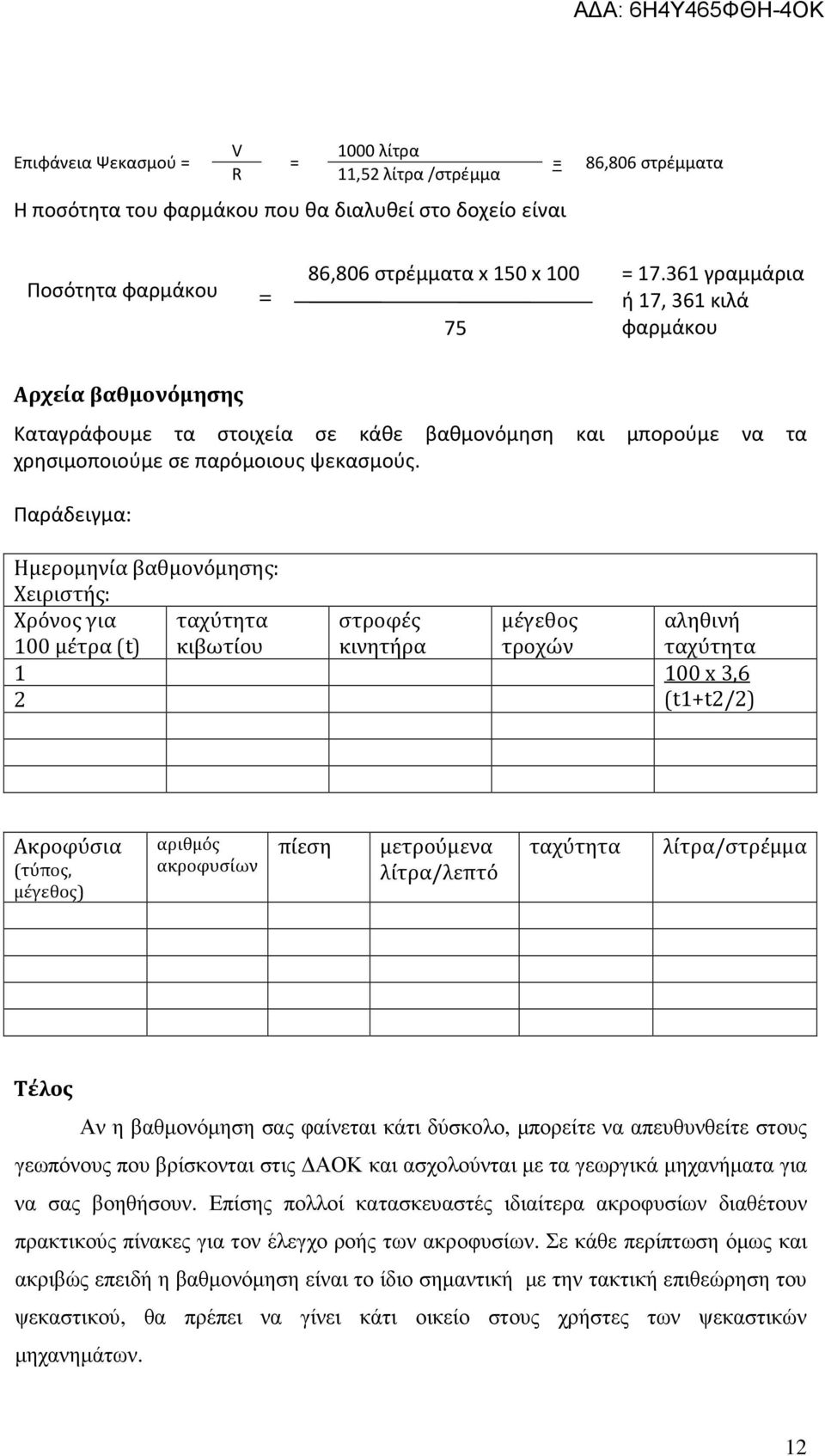 Παράδειγμα: Ημερομηνία βαθμονόμησης: Χειριστής: Χρόνος για 100 μέτρα (t) ταχύτητα κιβωτίου στροφές κινητήρα μέγεθος τροχών αληθινή ταχύτητα 1 2 100 x 3,6 (t1+t2/2) Ακροφύσια (τύπος, μέγεθος) αριθμός