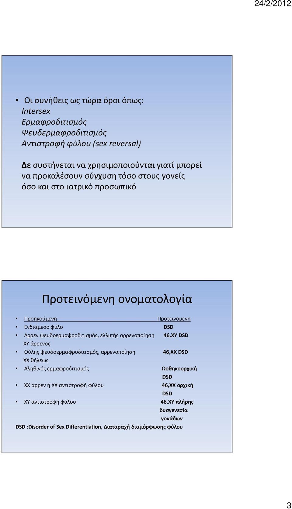 ψευδοερμαφροδιτισμός, ελλιπής αρρενοποίηση 46,XY DSD XY άρρενος Θύλης ψευδοερμαφροδιτισμός, αρρενοποίηση 46,XX DSD XX θήλεως Αληθινός ερμαφροδιτισμός