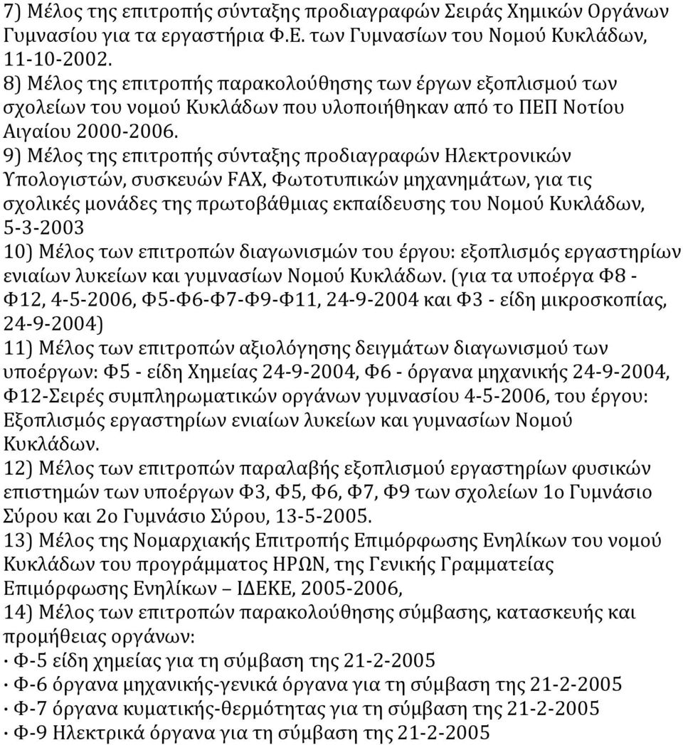 9) Μέλος της επιτροπής σύνταξης προδιαγραφών Ηλεκτρονικών Υπολογιστών, συσκευών FAX, Φωτοτυπικών μηχανημάτων, για τις σχολικές μονάδες της πρωτοβάθμιας εκπαίδευσης του Νομού Κυκλάδων, 5-3-2003 10)