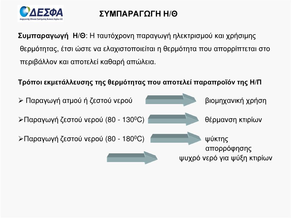 Τρόποι εκµετάλλευσης της θερµότητας που αποτελεί παραπροϊόν της Η/Π Παραγωγή ατµού ή ζεστού νερού βιοµηχανική