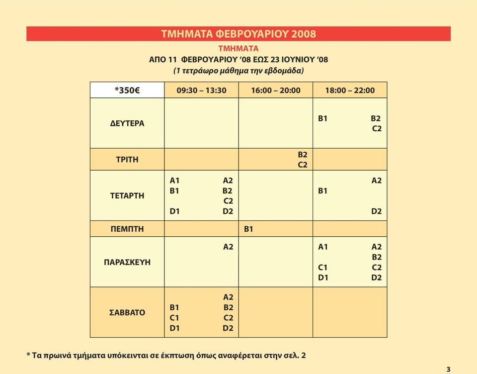 Β2 ΤΡΙΤΗ ΤΕΤΑΡΤΗ A1 D1 D2 Β1 D2 ΠΕΜΠΤΗ ΠΑΡΑΣΚΕΥΗ ΣΑΒΒΑΤΟ C1 D1 Β1 A1 Α2 C1 D1