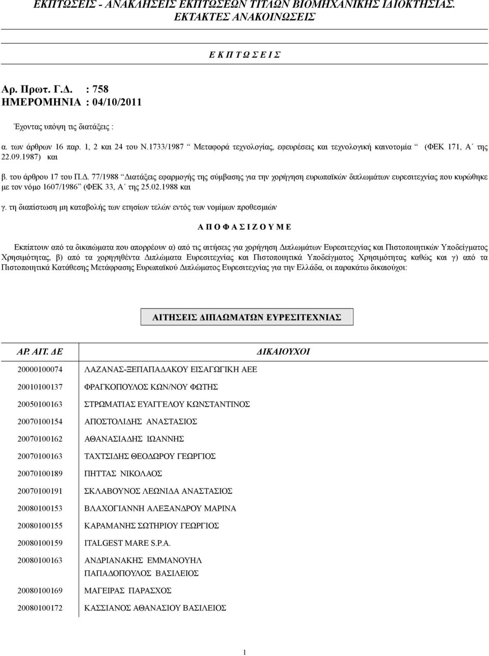 . 77/1988 ιατάξεις εφαρµογής της σύµβασης για την χορήγηση ευρωπαϊκών διπλωµάτων ευρεσιτεχνίας που κυρώθηκε µε τον νόµο 1607/1986 (ΦΕΚ 33, Α της 25.02.1988 και γ.