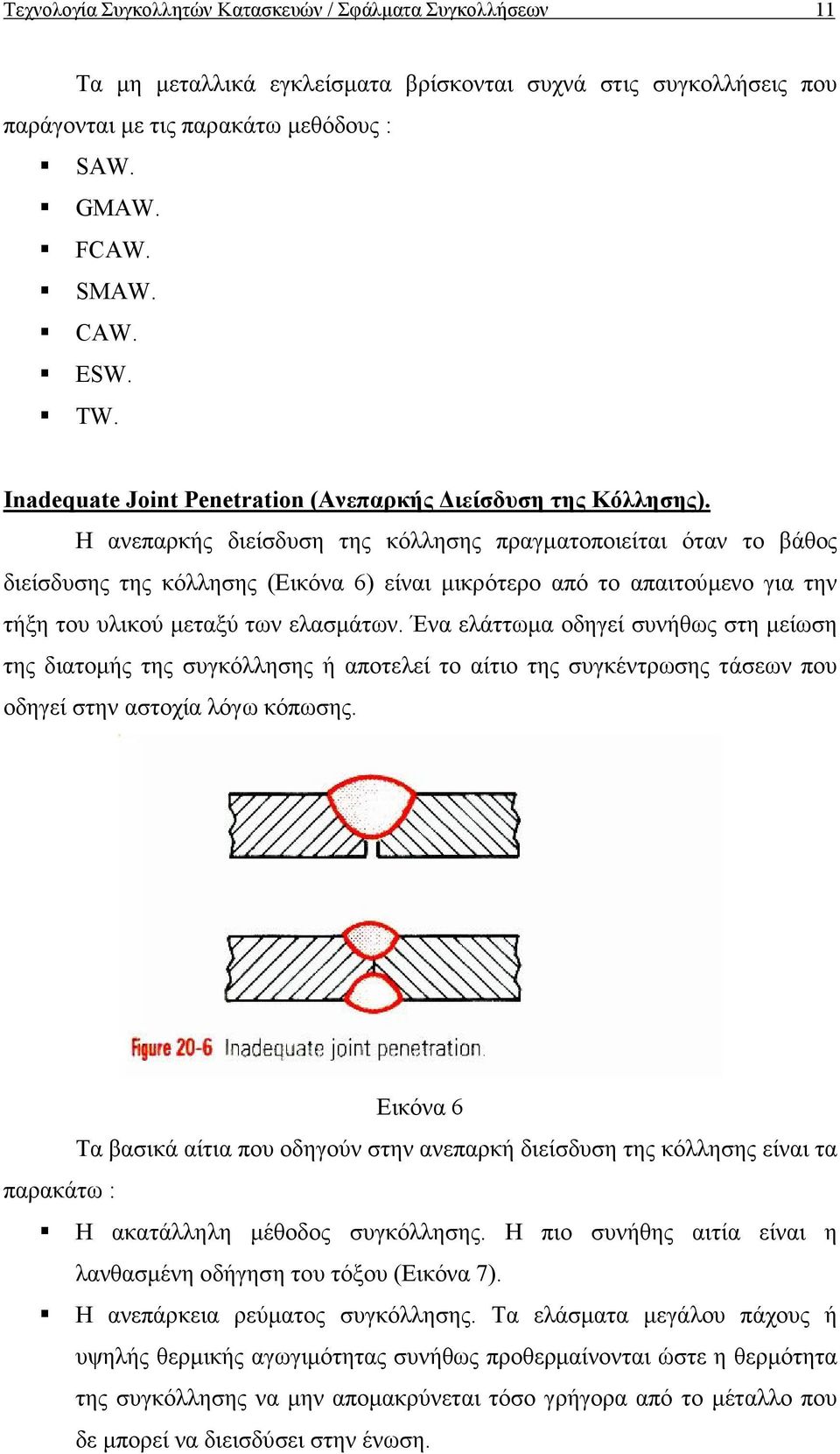 Η ανεπαρκής διείσδυση της κόλλησης πραγµατοποιείται όταν το βάθος διείσδυσης της κόλλησης (Εικόνα 6) είναι µικρότερο από το απαιτούµενο για την τήξη του υλικού µεταξύ των ελασµάτων.