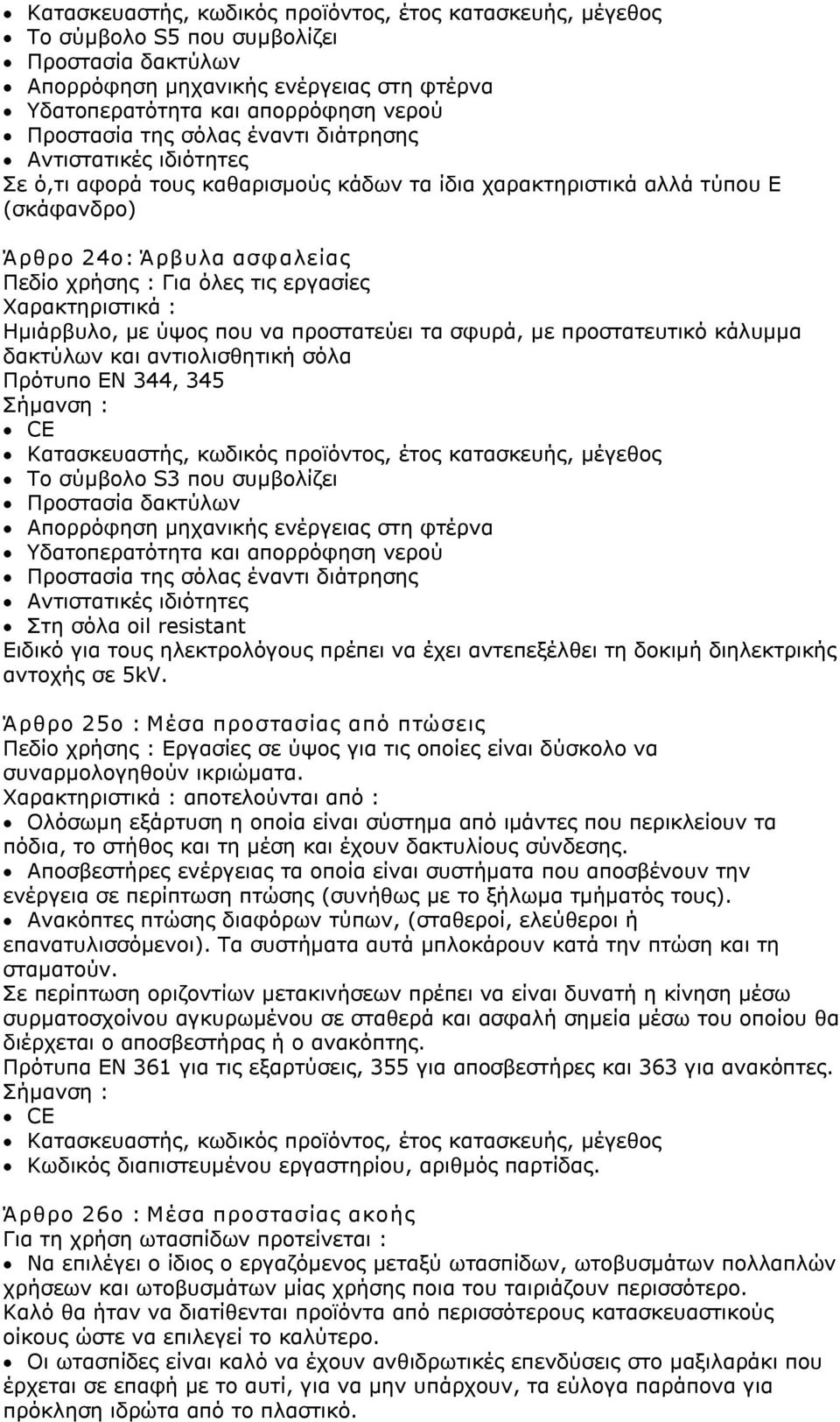 Ημιάρβυλο, με ύψος που να προστατεύει τα σφυρά, με προστατευτικό κάλυμμα δακτύλων και αντιολισθητική σόλα Πρότυπο ΕΝ 344, 345 Κατασκευαστής, κωδικός προϊόντος, έτος κατασκευής, μέγεθος Το σύμβολο S3