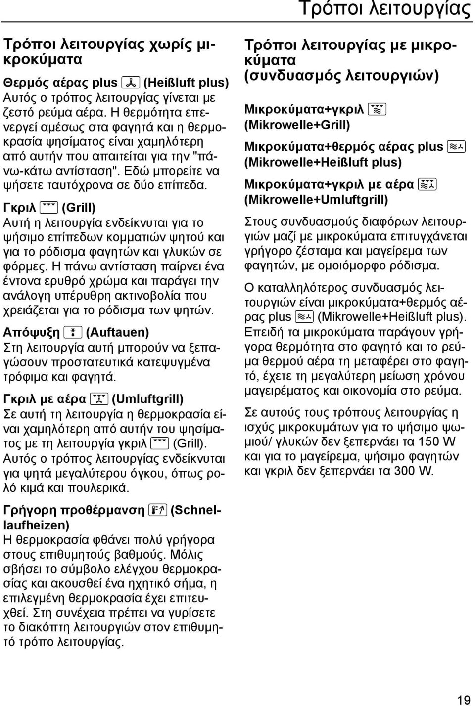 Γκριλ Y (Grill) Αυτή η λειτουργία ενδείκνυται για το ψήσιµο επίπεδων κοµµατιών ψητού και για το ρόδισµα φαγητών και γλυκών σε φόρµες.