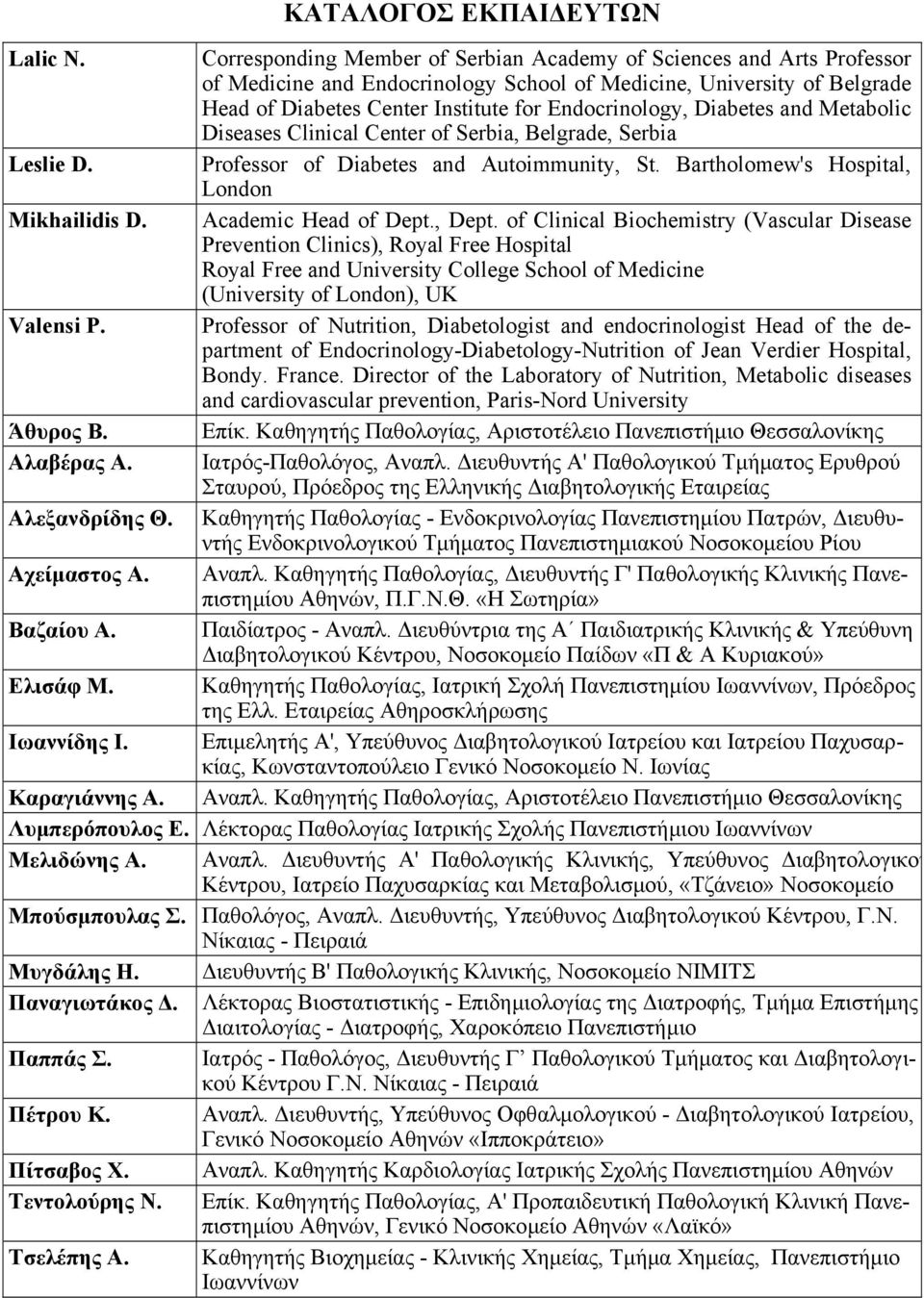 Diabetes and Metabolic Diseases Clinical Center of Serbia, Belgrade, Serbia Leslie D. Professor of Diabetes and Autoimmunity, St. Bartholomew's Hospital, London Mikhailidis D. Academic Head of Dept.