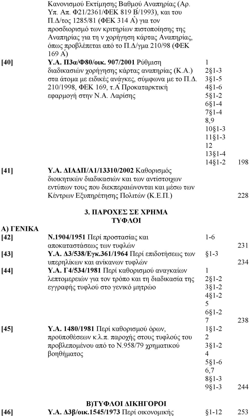 907/2001 Ρύθµιση διαδικασιών χορήγησης κάρτας αναπηρίας (Κ.Α.) στα άτοµα µε ειδικές ανάγκες, σύµφωνα µε το Π.. 210/1998, ΦΕΚ 19, τ.α Προκαταρκτική εφαρµογή στην Ν.Α. Λαρίσης 1 2 1-3 3 1-5 4 1-1-4 7 1-4 8,9 10 1-3 11 1-3 12 13 1-4 1 198 [41] Υ.