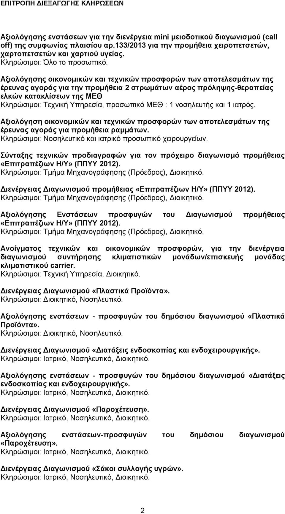Αξιολόγησης οικονομικών και τεχνικών προσφορών των αποτελεσμάτων της έρευνας αγοράς για την προμήθεια 2 στρωμάτων αέρος πρόληψης-θεραπείας ελκών κατακλίσεων της ΜΕΘ Κληρώσιμοι: Τεχνική Υπηρεσία,