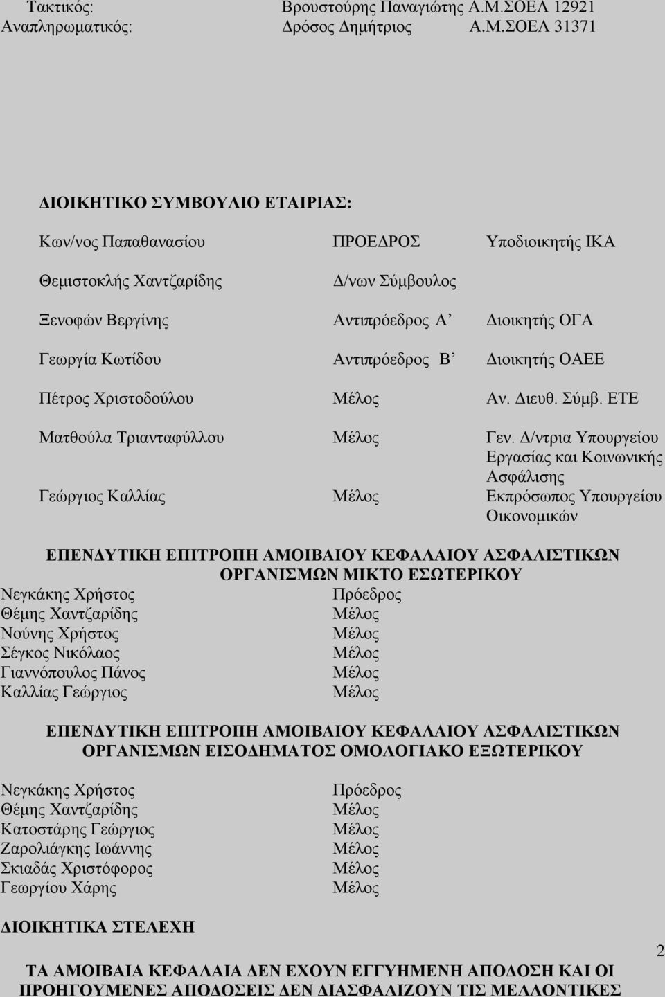 ΣΟΕΛ 31371 ΔΙΟΙΚΗΤΙΚΟ ΣΥΜΒΟΥΛΙΟ ΕΤΑΙΡΙΑΣ: Κων/νος Παπαθανασίου ΠΡΟΕΔΡΟΣ Υποδιοικητής ΙΚΑ Θεμιστοκλής Χαντζαρίδης Δ/νων Σύμβουλος Ξενοφών Βεργίνης Αντιπρόεδρος Α Διοικητής ΟΓΑ Γεωργία Κωτίδου