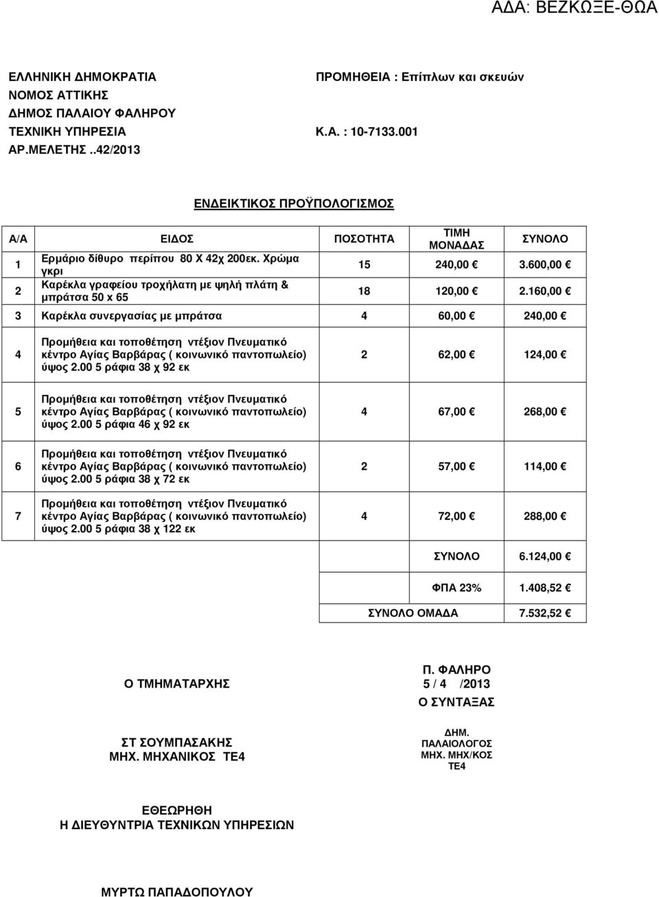 600,00 18 120,00 2.160,00 3 Καρέκλα συνεργασίας µε µπράτσα 4 60,00 240,00 4 ύψος 2.00 5 ράφια 38 χ 92 εκ 2 62,00 124,00 5 ύψος 2.00 5 ράφια 46 χ 92 εκ 4 67,00 268,00 6 7 ύψος 2.