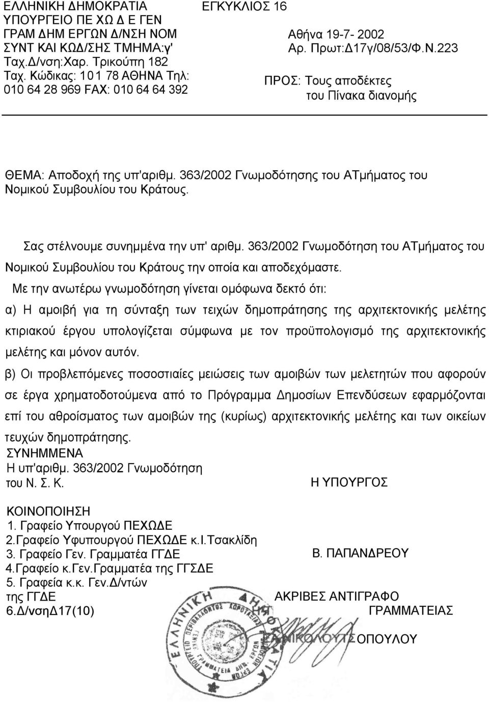 363/2002 Γνωμοδότησης του ΑΤμήματος του Νομικού Συμβουλίου του Κράτους. Σας στέλνουμε συνημμένα την υπ' αριθμ.