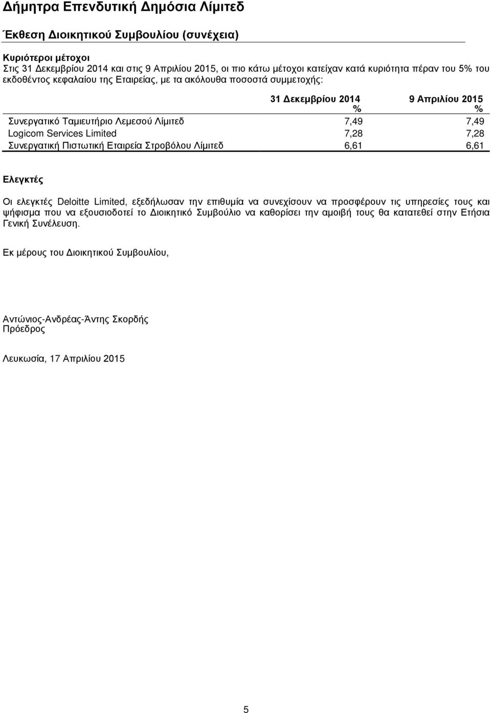 Πιστωτική Εταιρεία Στροβόλου Λίμιτεδ 6,61 6,61 Ελεγκτές Οι ελεγκτές Deloitte Limited, εξεδήλωσαν την επιθυμία να συνεχίσουν να προσφέρουν τις υπηρεσίες τους και ψήφισμα που να εξουσιοδοτεί