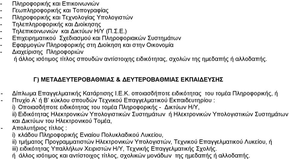 ) - Επιχειρηματικού Σχεδιασμού και Πληροφοριακών Συστημάτων - Εφαρμογών Πληροφορικής στη Διοίκηση και στην Οικονομία - Διαχείρισης Πληροφοριών ή άλλος ισότιμος τίτλος σπουδών αντίστοιχης ειδικότητας,