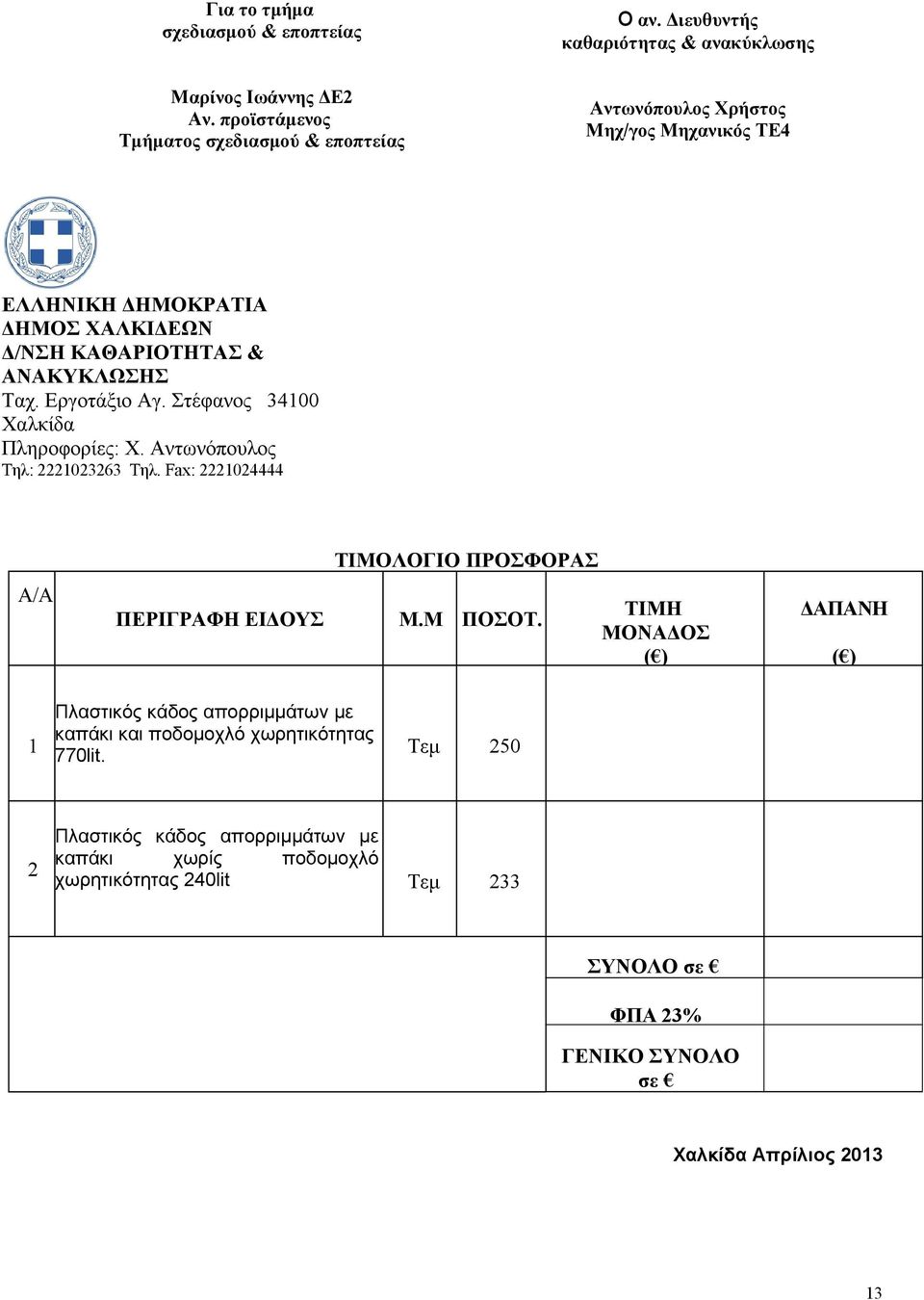 Εργοτάξιο Αγ. Στέφανος 34100 Χαλκίδα Πληροφορίες: Χ. Αντωνόπουλος Τηλ: 2221023263 Τηλ. Fax: 2221024444 A/A ΤΙΜΟΛΟΓΙΟ ΠΡΟΣΦΟΡΑΣ ΠΕΡΙΓΡΑΦΗ ΕΙΔΟΥΣ Μ.Μ ΠΟΣΟΤ.