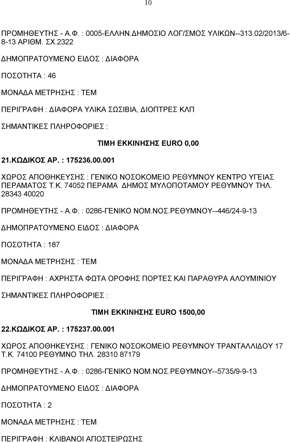 ΡΕΘΥΜΝΟΥ--446/24-9-13 ΠΟΣΟΤΗΤΑ : 187 ΠΕΡΙΓΡΑΦΗ : ΑΧΡΗΣΤΑ ΦΩΤΑ ΟΡΟΦΗΣ ΠΟΡΤΕΣ ΚΑΙ ΠΑΡΑΘΥΡΑ ΑΛΟΥΜΙΝΙΟΥ 22.ΚΩΔΙΚΟΣ ΑΡ. : 175237.00.