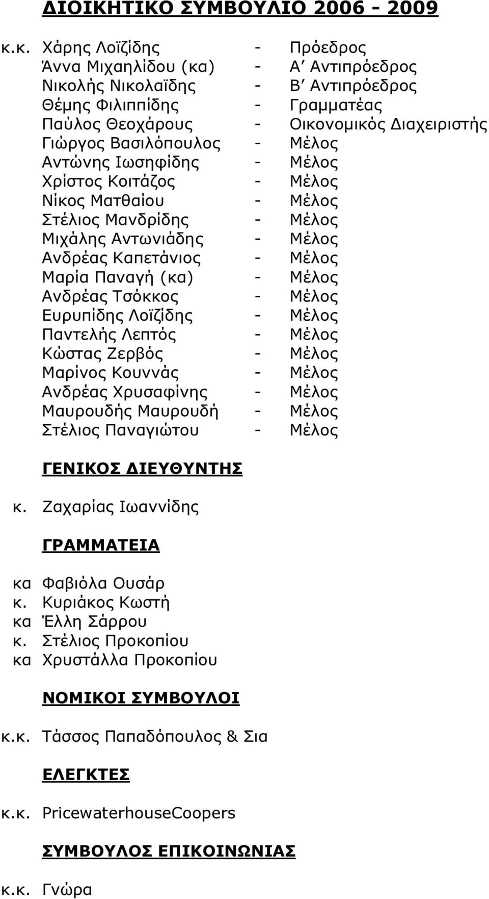Μέλος Αντώνης Ιωσηφίδης - Μέλος Χρίστος Κοιτάζος - Μέλος Νίκος Ματθαίου - Μέλος Στέλιος Μανδρίδης - Μέλος Μιχάλης Αντωνιάδης - Μέλος Ανδρέας Καπετάνιος - Μέλος Μαρία Παναγή (κα) - Μέλος Ανδρέας