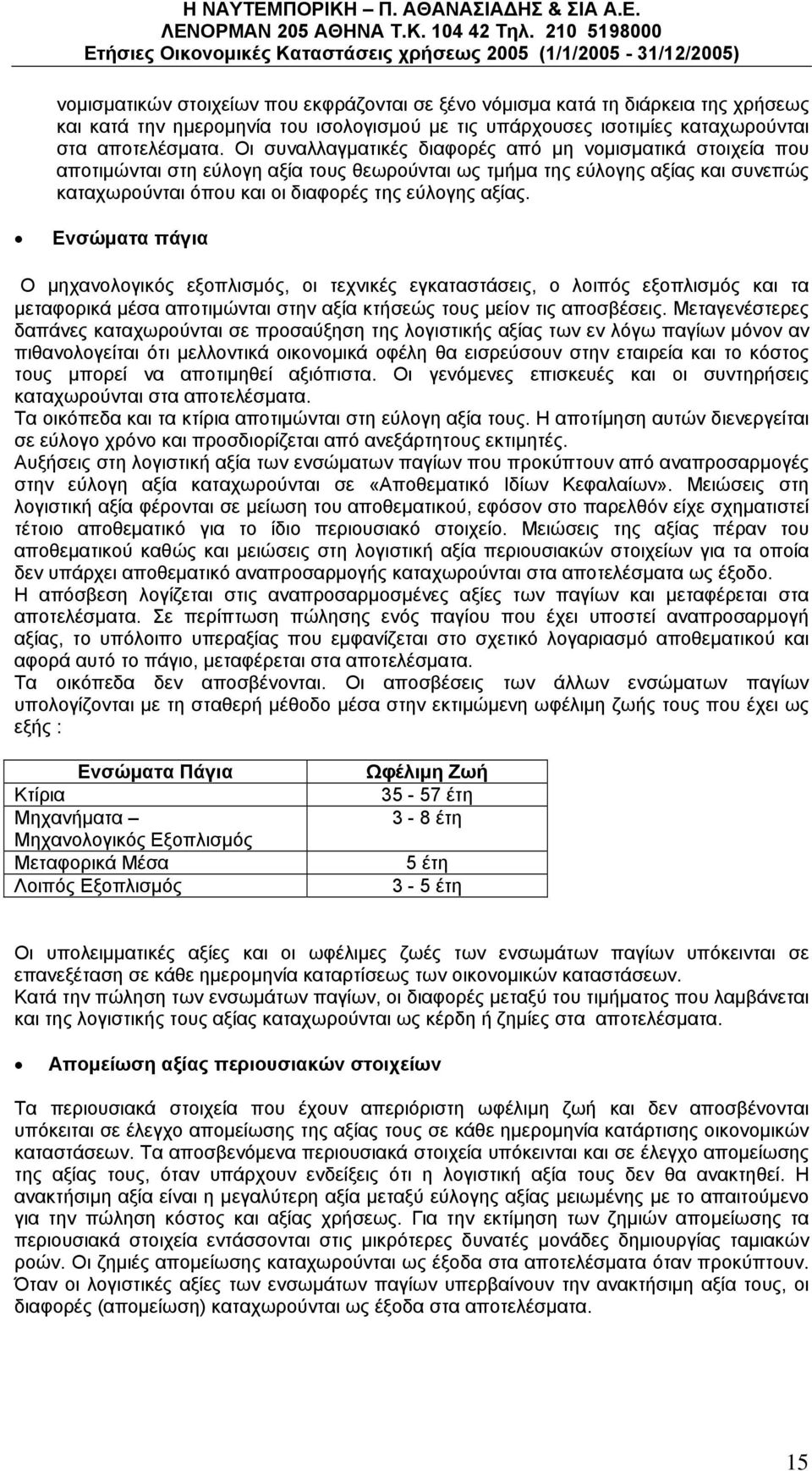 Ενσώματα πάγια Ο μηχανολογικός εξοπλισμός, οι τεχνικές εγκαταστάσεις, ο λοιπός εξοπλισμός και τα μεταφορικά μέσα αποτιμώνται στην αξία κτήσεώς τους μείον τις αποσβέσεις.