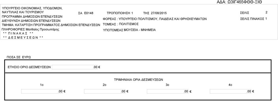 ΤΜΗΜ: ΚΤΡΤΙΗ ΠΡΟΓΡΜΜΤΟ ΔΗΜΟΙΩΝ ΕΠΕΝΔΥΕΩΝ ΠΛΗΡΟΦΟΡΙΕ Ματθαίος Προσωπάρης ΤΟΜΕ : ΠΟΛΙΤΙΜΟ ΥΠΟΤΟΜΕ ΜΟΥΕΙ