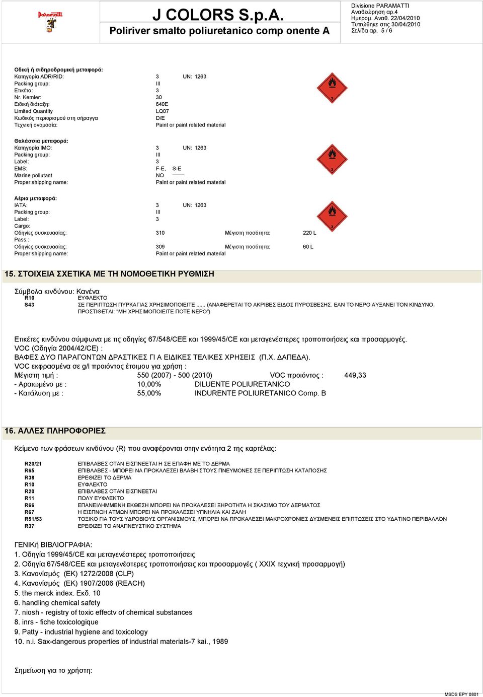 III Label: 3 EMS: F-E, S-E Marine pollutant NO Proper shipping name: Paint or paint related material Αέρια μεταφορά: IATA: 3 UN: 1263 Packing group: III Label: 3 Cargo: Οδηγίες συσκευασίας: 310