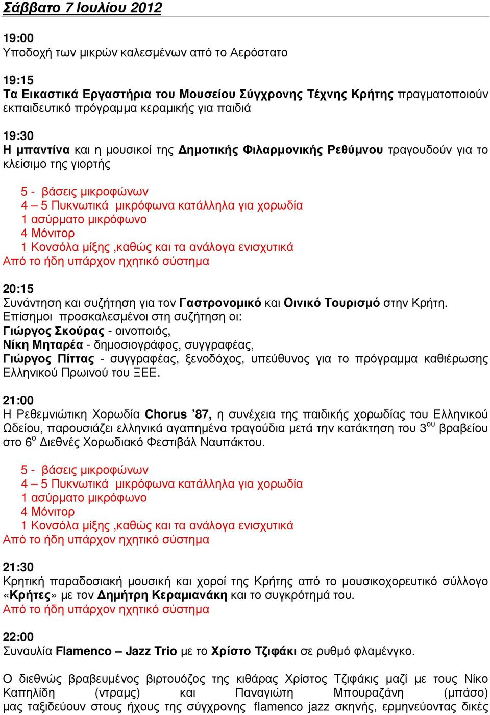 µικρόφωνο 4 Μόνιτορ 1 Κονσόλα µίξης,καθώς και τα ανάλογα ενισχυτικά 20:15 Συνάντηση και συζήτηση για τον Γαστρονοµικό και Οινικό Τουρισµό στην Κρήτη.