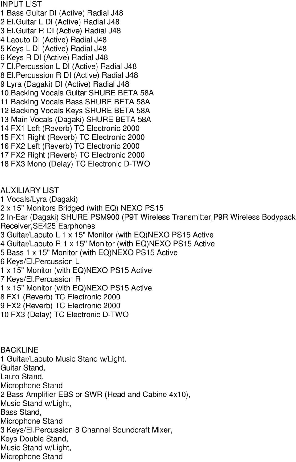 Percussion R DI (Active) Radial J48 9 Lyra (Dagaki) DI (Active) Radial J48 10 Backing Vocals Guitar SHURE BETA 58A 11 Backing Vocals Bass SHURE BETA 58A 12 Backing Vocals Keys SHURE BETA 58A 13 Main