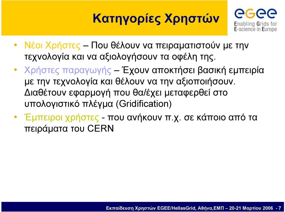Διαθέτουν εφαρμογή που θα/έχει μεταφερθεί στο υπολογιστικό πλέγμα (Gridification) Έμπειροι χρήστες - που