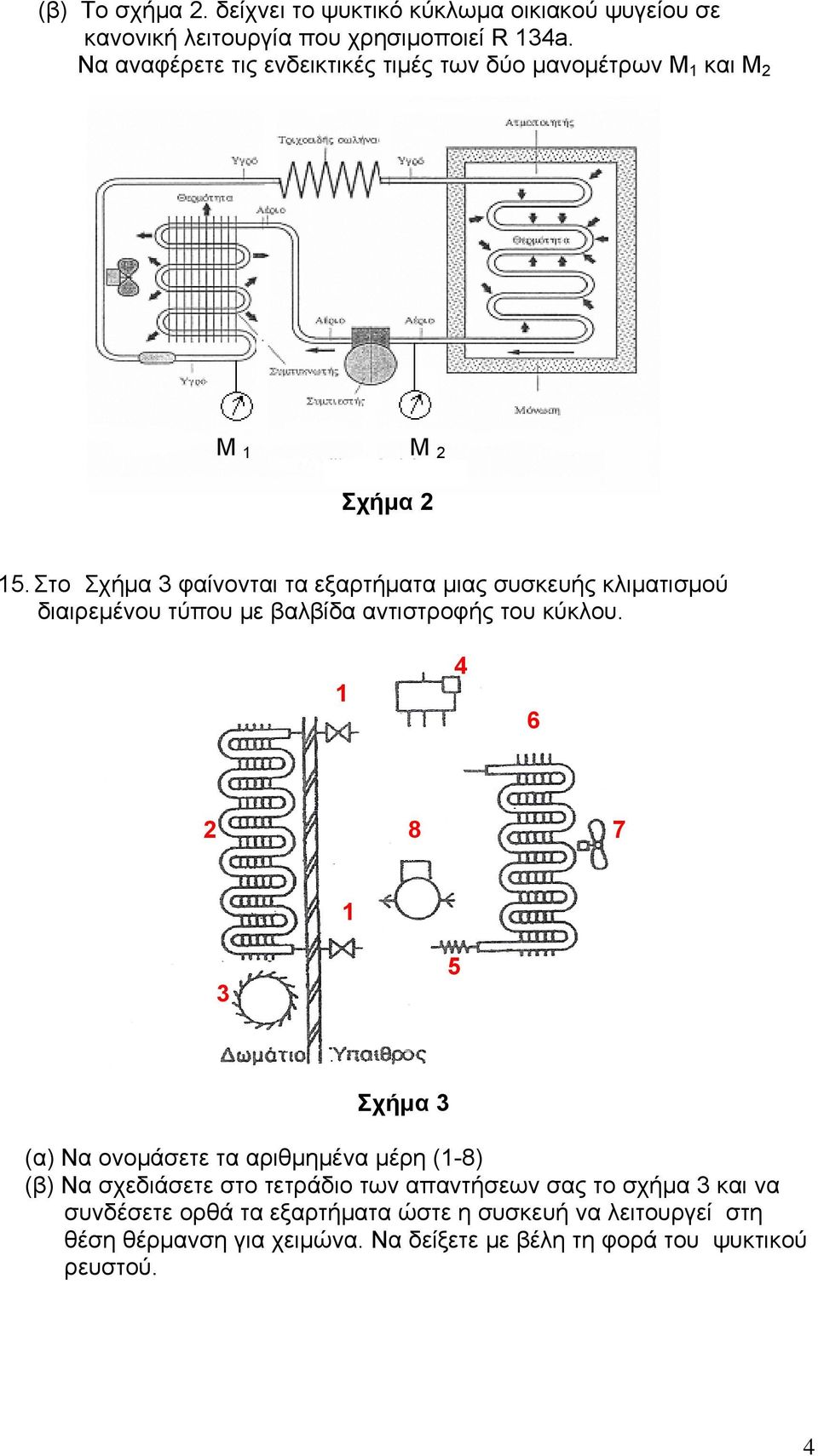 Στο Σχήμα 3 φαίνονται τα εξαρτήματα μιας συσκευής κλιματισμού διαιρεμένου τύπου με βαλβίδα αντιστροφής του κύκλου.