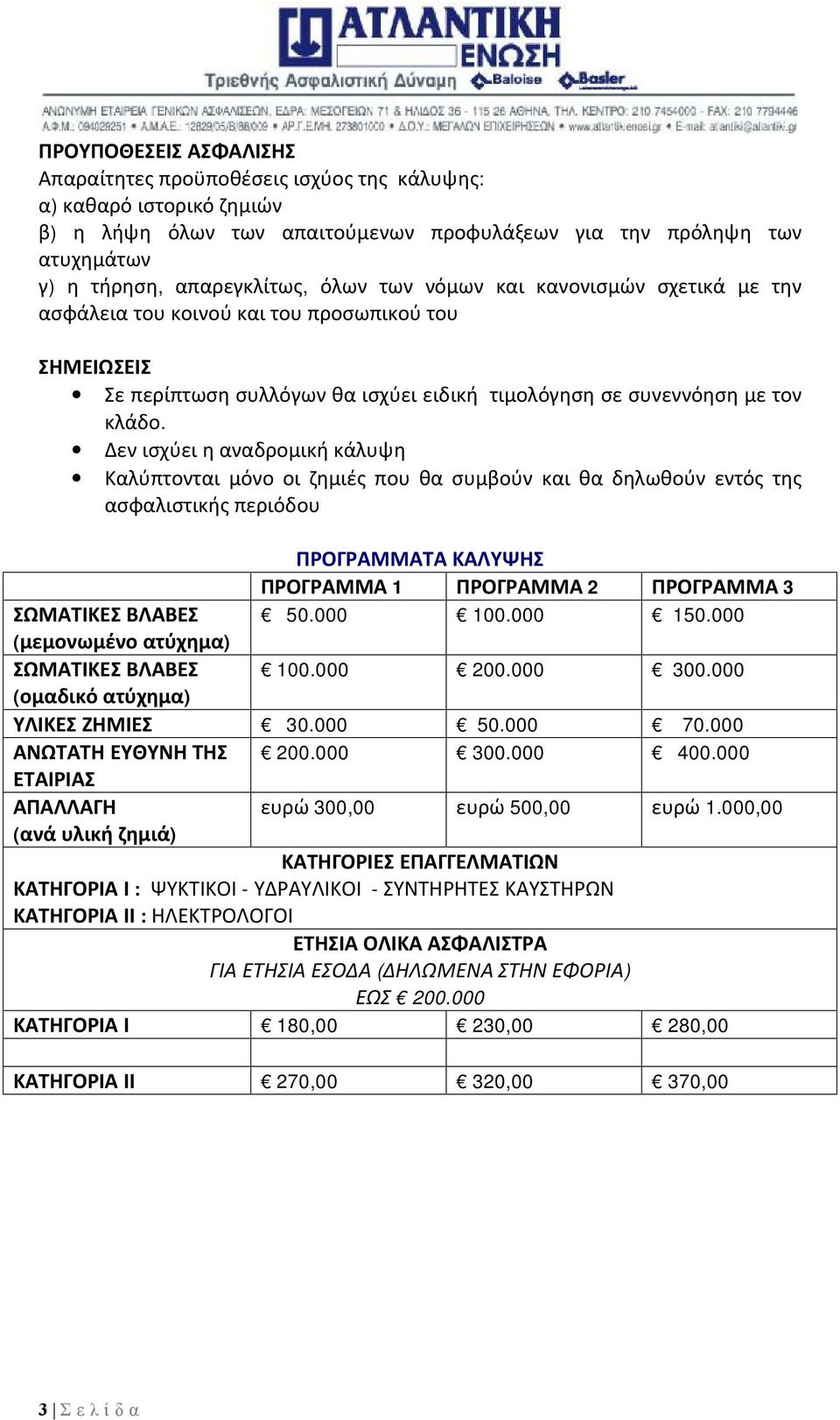 Δεν ισχύει η αναδρομική κάλυψη Καλύπτονται μόνο οι ζημιές που θα συμβούν και θα δηλωθούν εντός της ασφαλιστικής περιόδου ΠΡΟΓΡΑΜΜΑΤΑ ΚΑΛΥΨΗΣ ΠΡΟΓΡΑΜΜΑ 1 ΠΡΟΓΡΑΜΜΑ 2 ΠΡΟΓΡΑΜΜΑ 3 ΣΩΜΑΤΙΚΕΣ ΒΛΑΒΕΣ 50.