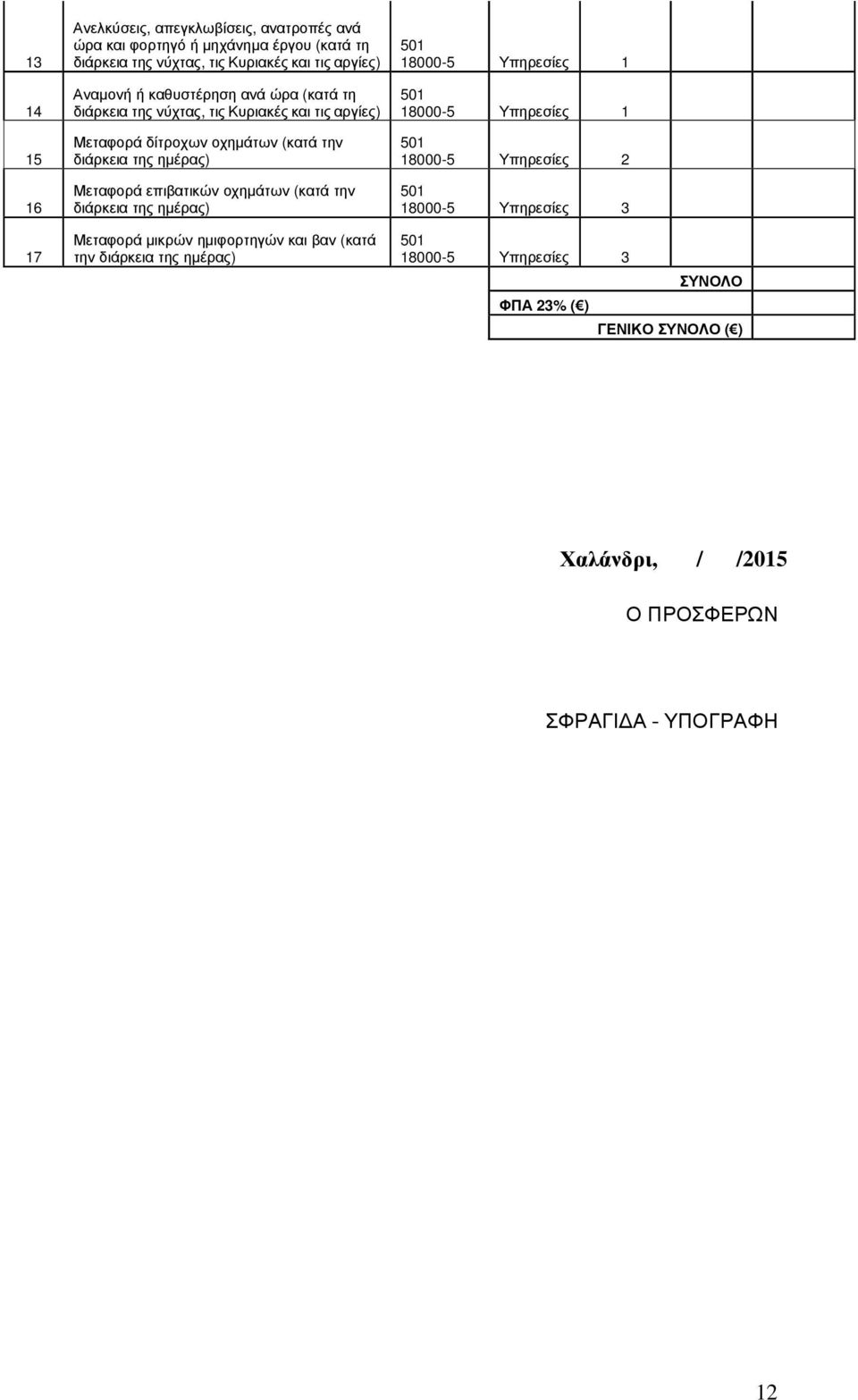Μεταφορά επιβατικών οχηµάτων (κατά την διάρκεια της ηµέρας) Μεταφορά µικρών ηµιφορτηγών και βαν (κατά την διάρκεια της ηµέρας) 18000-5 Υπηρεσίες 1