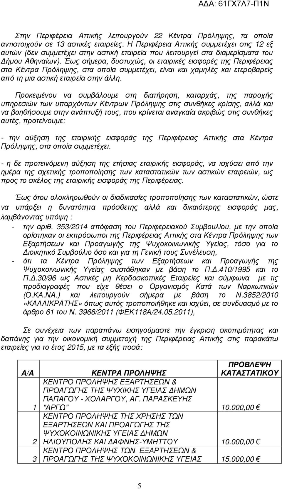 Έως σήµερα, δυστυχώς, οι εταιρικές εισφορές της Περιφέρειας στα Κέντρα Πρόληψης, στα οποία συµµετέχει, είναι και χαµηλές και ετεροβαρείς από τη µια αστική εταιρεία στην άλλη.